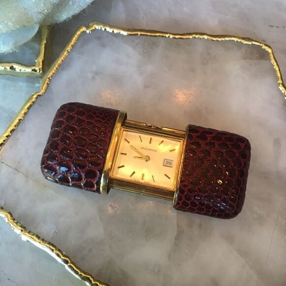 Movado Ermeto Embossed Leather & Gold Watch.